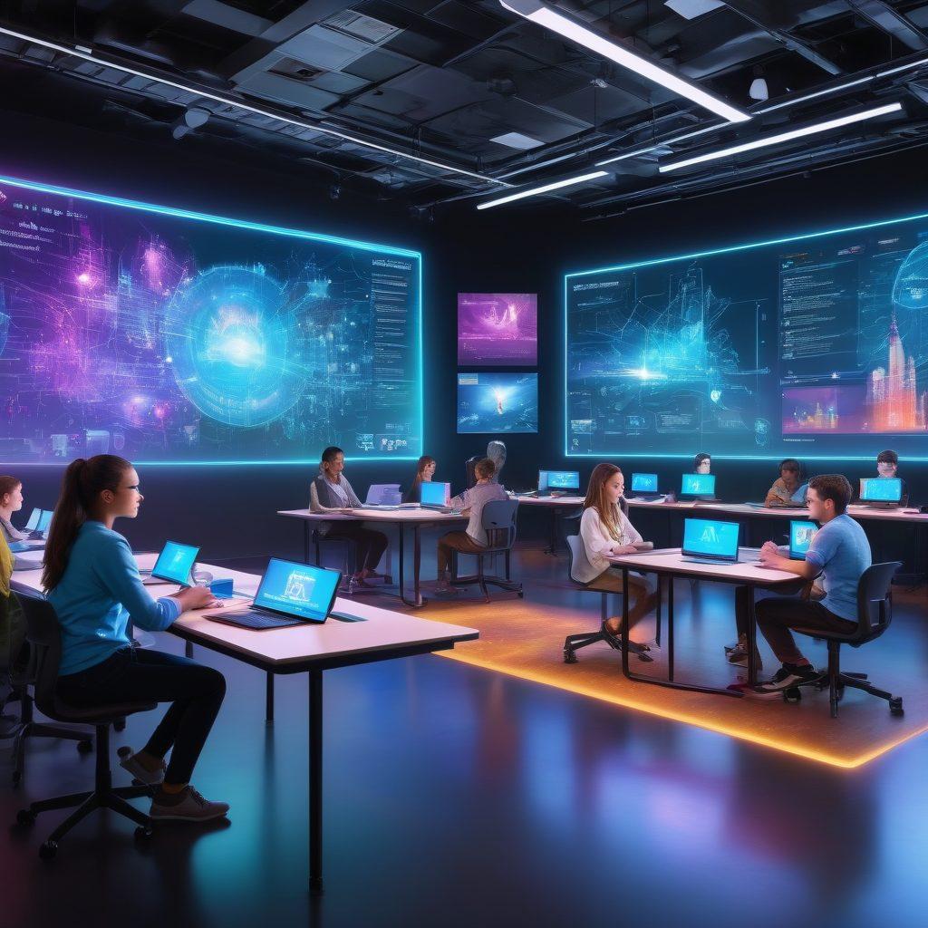 A futuristic classroom setting filled with diverse students engaging with holographic displays and interactive screens, showcasing various learning activities such as virtual reality lessons, group discussions, and coding exercises. The room is bright and colorful, equipped with advanced technology that symbolizes the rise of online learning platforms. The background should illustrate a digital cityscape, enhancing the theme of innovation and accessibility in education. super-realistic. vibrant colors. dynamic composition.