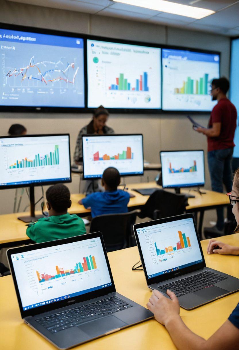 A diverse group of engaged learners using various virtual education tools such as laptops, tablets, and VR headsets in a bright, modern classroom. A large screen displays interactive graphs and virtual landscapes, symbolizing the vast resources available in virtual education. The atmosphere is filled with energy and creativity, showcasing collaboration and innovation among students across different backgrounds. soft focus, vibrant colors, 3D.