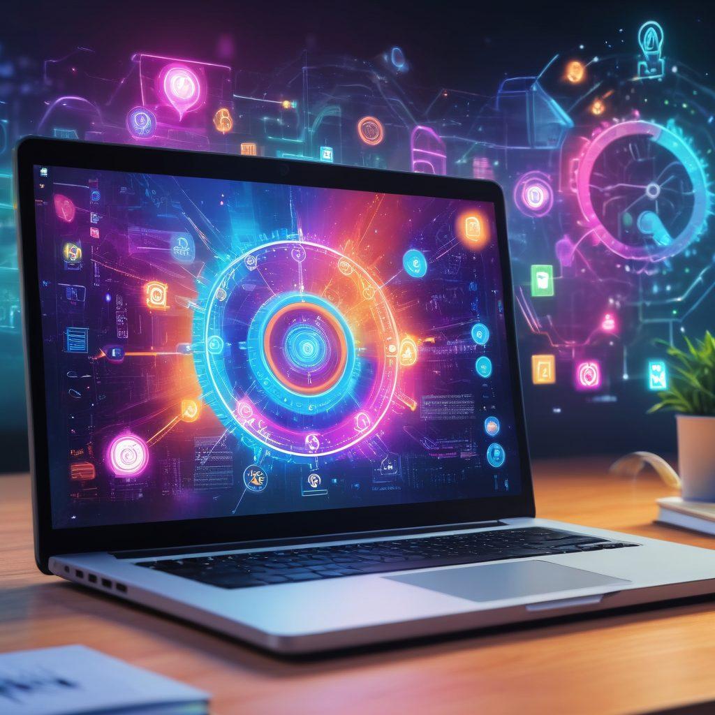 A modern, open laptop displaying a colorful online course interface, surrounded by floating icons representing knowledge like books, light bulbs, and gears. The background features a digital landscape with a pathway made of binary code leading to a bright horizon, symbolizing endless learning opportunities. Include a diverse group of people engaged in self-paced learning scenarios, showcasing different learning styles. vibrant colors. cyberpunk.